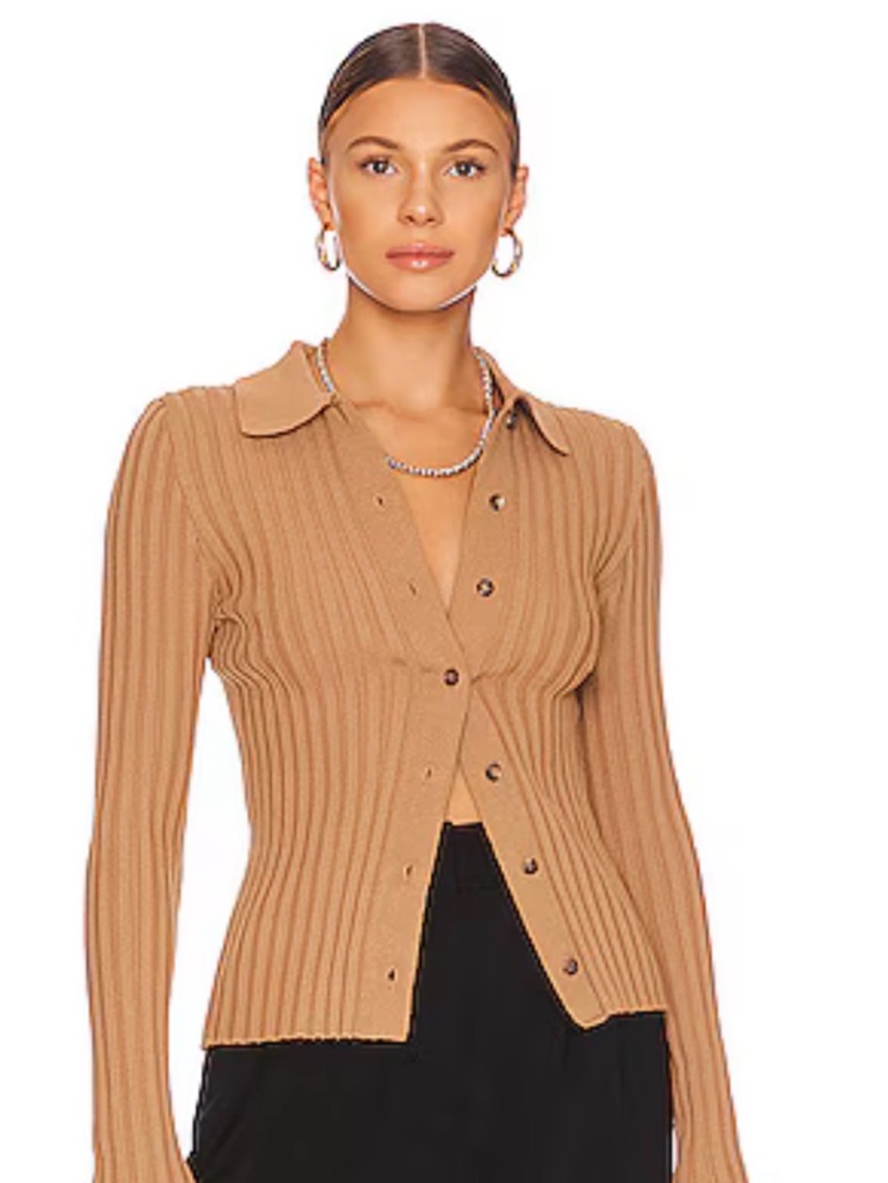 ANINE BING Joslyn Top Ribbed Button-Front Knit Cardigan in Camel